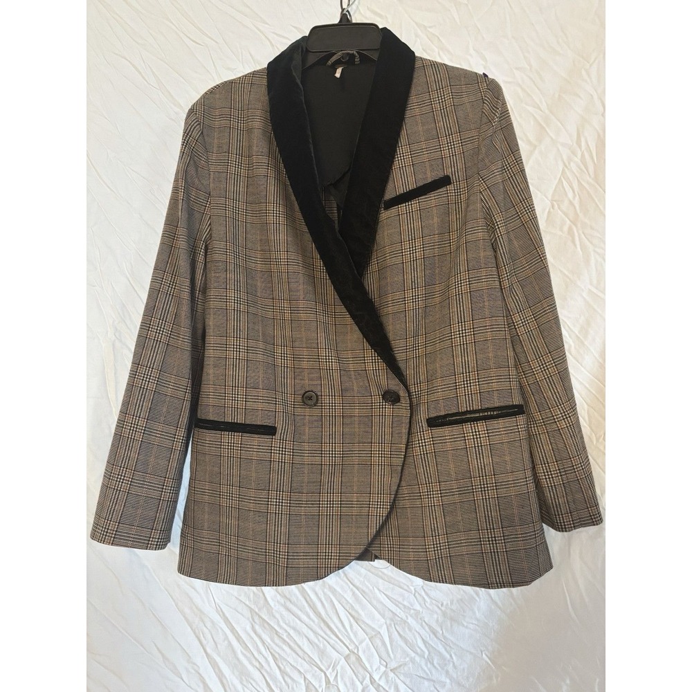 Free People Plaid Double Breasted Blazer Velvet Shawl‎ Collar Brown Grey XS